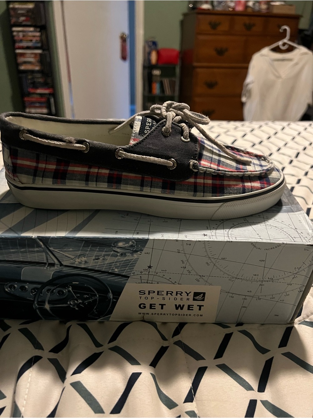 Sperry Plaid Canvas Boat Shoe in Navy, Red & White